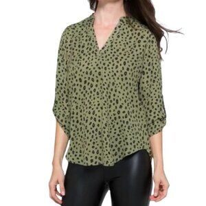 Lush Warren Split Neck Blouse Size M Green Leopard Print Flowy Casual Top